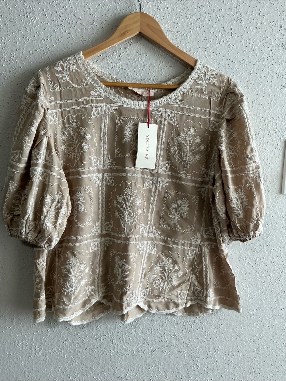 Solitaire Taupe Embroidered Scallop-Hem Puff Sleeve Blouse - Picture 2 of 7